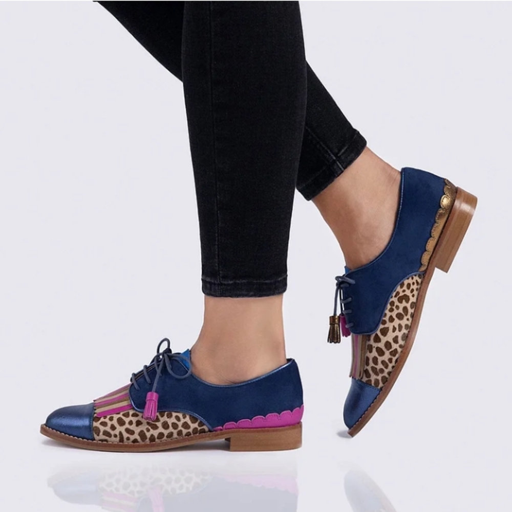 NEW Handmade Pink Blue Suede Leather Leopard Fringe Oxford Lace-Up Shoes  6